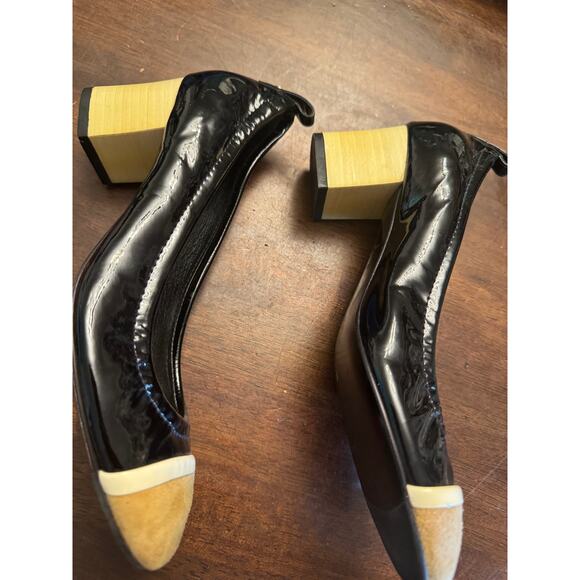 Lanvin cube-heel cap toe ballet pumps black patent leather women's size 37/ 7 - Picture 3 of 6